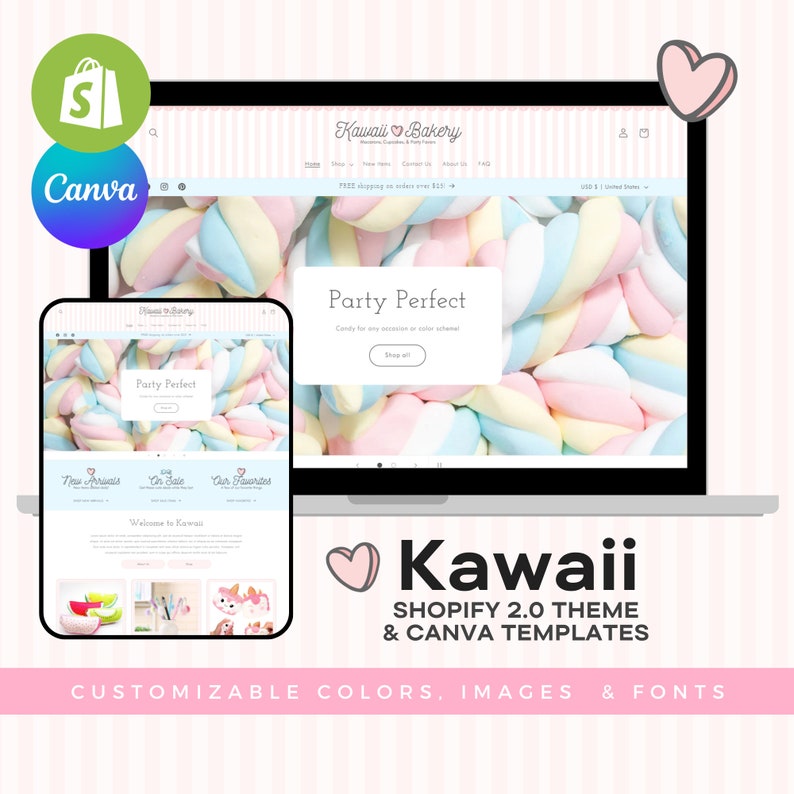 May include: A laptop computer displaying a website for a bakery called "Kawaii Bakery". The website features a pink, blue, and yellow marshmallow background with the text "Party Perfect" in a white box. The website also includes a pink heart with the text "Kawaii" and the words "Shopify 2.0 Theme & Canva Templates". The text "CUSTOMIZABLE COLORS, IMAGES & FONTS" is displayed below the website.