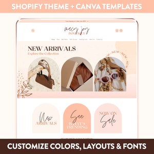 Może przedstawiać: Makieta strony głównej sklepu Shopify w różowo-brązowej kolorystyce. Sklep nazywa się "macy joy boutique" i zawiera sekcję z nowościami, w której znajdują się brązowa skórzana torebka, brązowe skórzane pudełko i różowe okulary przeciwsłoneczne. Strona główna zawiera również sekcje "Nowości", "Zobacz trendy" i "Teraz w sprzedaży".