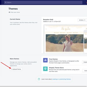 May include: A screenshot of the Shopify online store theme management page. The page shows a preview of the current theme, "Bespoke-Gold", and options to upload a new theme or visit the Shopify Theme Store.