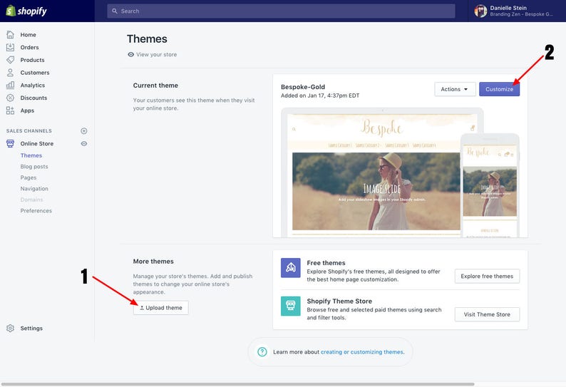 May include: A screenshot of the Shopify online store theme management page. The page shows a preview of the current theme, "Bespoke-Gold", and options to upload a new theme or visit the Shopify Theme Store.