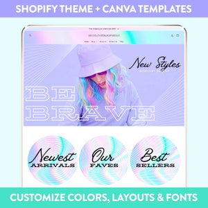 Holographic Shopify Theme | Boutique Shopify Template & Canva Designs | Pretty Website Design