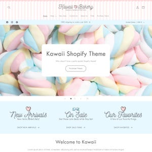May include: A website homepage for a bakery called "Kawaii Bakery" with a pastel pink and blue color scheme. The website features a background image of pastel-colored marshmallows, and the text "Kawaii Shopify Theme" is displayed in a white box. The website also features a button that says "Purchase Theme".