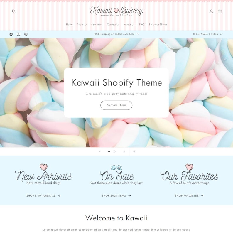 May include: A website homepage for a bakery called "Kawaii Bakery" with a pastel pink and blue color scheme. The website features a background image of pastel-colored marshmallows, and the text "Kawaii Shopify Theme" is displayed in a white box. The website also features a button that says "Purchase Theme".