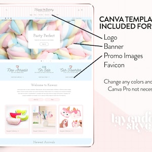 May include: A screenshot of a website for a Kawaii bakery. The website features a pink and white color scheme with a banner image of pastel-colored marshmallows. The website has sections for "New Arrivals", "On Sale", and "Our Favorites". The website also includes a "Welcome to Kawaii" section with a description of the bakery. The website is designed to be used with Canva templates for logo, banner, promo images, and favicon. The text "Canva Templates Included For:" is displayed in black text on a white background. The text "Change any colors and fonts! Canva Pro not necessary." is displayed in black text on a white background. The text "lavender skye" is displayed in white text on a pink background.