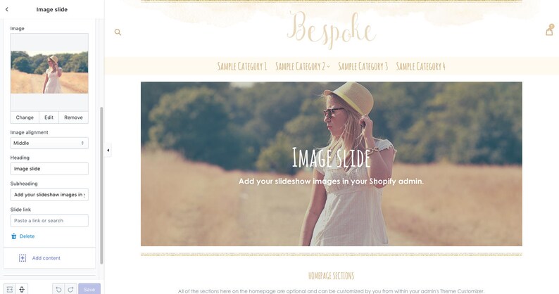 May include: A website homepage with a slideshow featuring a woman wearing a white dress and a yellow hat. The text "Bespoke" is displayed in a decorative font at the top of the page. The text "IMAGE SLIDE" is displayed in a larger font below the slideshow. The text "Add your slideshow images in your Shopify admin." is displayed below the "IMAGE SLIDE" text.