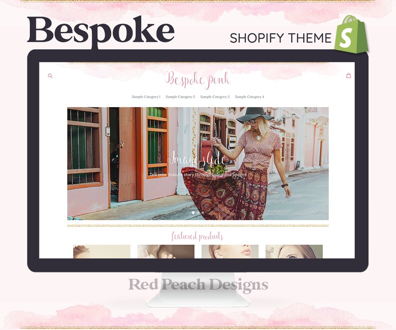 May include: A computer screen displaying a website for a shop called "Bespoke Pink". The website features a pink and gold color scheme and a photo of a woman wearing a long, patterned skirt and a hat. The text "Bespoke Pink" is displayed in a pink font. The text "featured products" is displayed in a white font. The text "Red Peach Designs" is displayed in a white font.