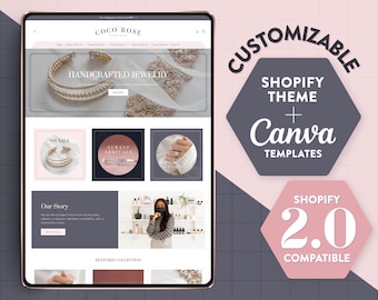 Customizable Shopify Theme, Canva Branding Templates | Feminine Shopify Theme Download | Coco Rose Jewelry Shopify Theme