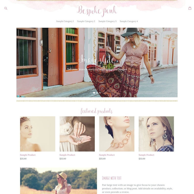May include: A website homepage for a shop called "Bespoke Pink" featuring a pink and white watercolor background. The homepage features a slideshow of images, a section for featured products, and a section for an image with text. The featured products are jewelry, including necklaces and earrings.