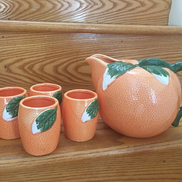 Vintage Retro 1950s Japanese Orange Fruit Ceramic Pitcher with 4 Cups