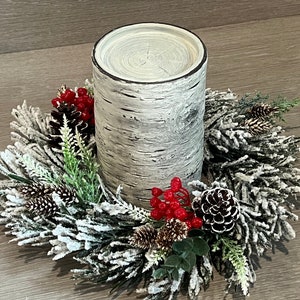 Mini Wreath | Christmas Candle Ring Table Centerpiece Frosted Greenery | Holiday Decor | Christmas Decor | Snowy Wreath with Pinecones