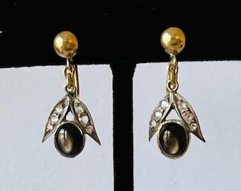 Estate Art Deco 14k Gold Black Sapphire Screw Back Earrings