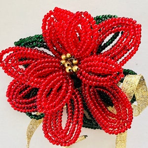 Vintage French Glass Beaded Christmas Poinsettia Corsage Pin