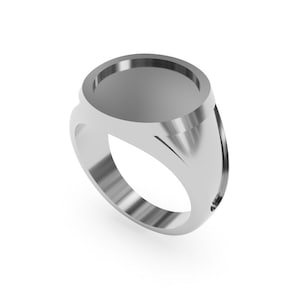 May include: A silver signet ring with a flat, circular top and a smooth, polished band. The ring has a modern design with a sleek, minimalist aesthetic. The ring is shown against a white background.