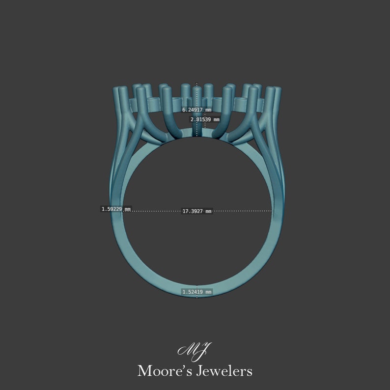 May include: A 3D model of a ring with a 6.24917 mm by 2.81339 mm oval-shaped setting. The ring is 17.3927 mm in diameter and 1.52419 mm thick. The model is blue and has the text "MJ Moore's Jewelers" on the bottom.