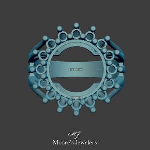 May include: A 3D printed ring design with a circular center and a halo of small circles around the edge. The ring is made of a light blue material and measures 11.4382 mm in diameter and 0.52933 mm in width. The text "MJ Moore's Jewelers" is printed below the ring.
