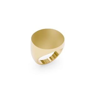 Puede incluir: Un anillo de sello dorado con una cara ovalada lisa. El anillo tiene una banda redondeada y un acabado pulido. El anillo se muestra sobre un fondo blanco.
