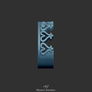 May include: A side view of a blue metal ring with a decorative design. The ring has a delicate, intricate pattern of swirls and curves.