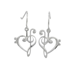 May include: Silver dangle earrings featuring a treble clef and heart design.