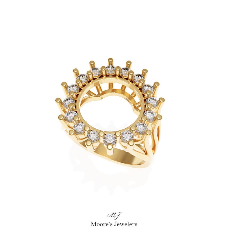 May include: A gold ring setting with a round center stone opening and a halo of small diamonds around the opening.