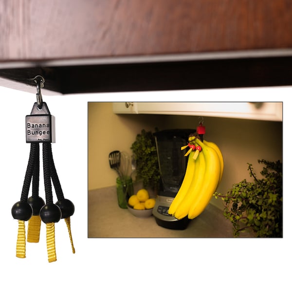 Banana Bungee Black Banana Holder Hook, Made in USA with Eye Screw Mount; Holds Multiple Bunches or Single Bananas