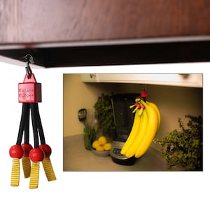 Banana Bungee Red Banana Holder Hook with Eye Screw Mount, Made in USA; Holds Multiple Bunches or Single Bananas