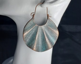 Unique fan shaped copper patina earrings. Green patina jewelry. Unique design. Perfect gift.