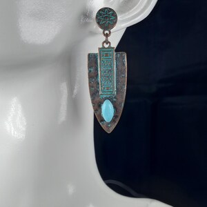 Copper and turquoise patina arrowhead earrings. Unique design.  Native style.  Great gift of jewelry.