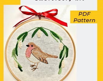 Robin with Mistletoe - PDF Embroidery Kit