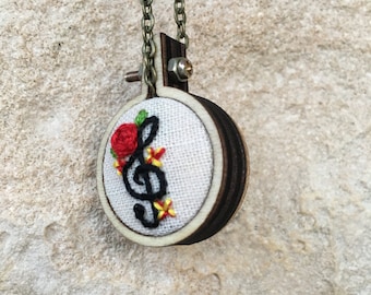 Treble Clef Mini Embroidery Hoop Necklace