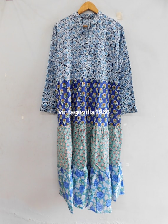 Blue multi colored long dress, handmade cotton blo