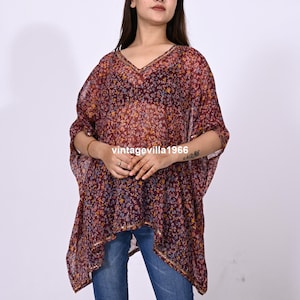 Silk top, silk saree, women wear kaftan dress, handmade chiffon designer sari tunic, beach wear bikini cover ups loose top one size tops
