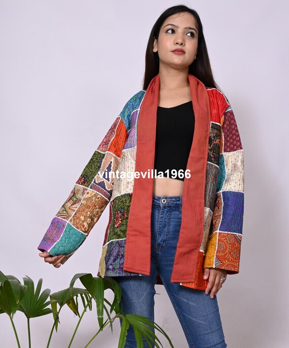 Silk Patchwork Quilted Jacket: One Size Saree Coat - image 2