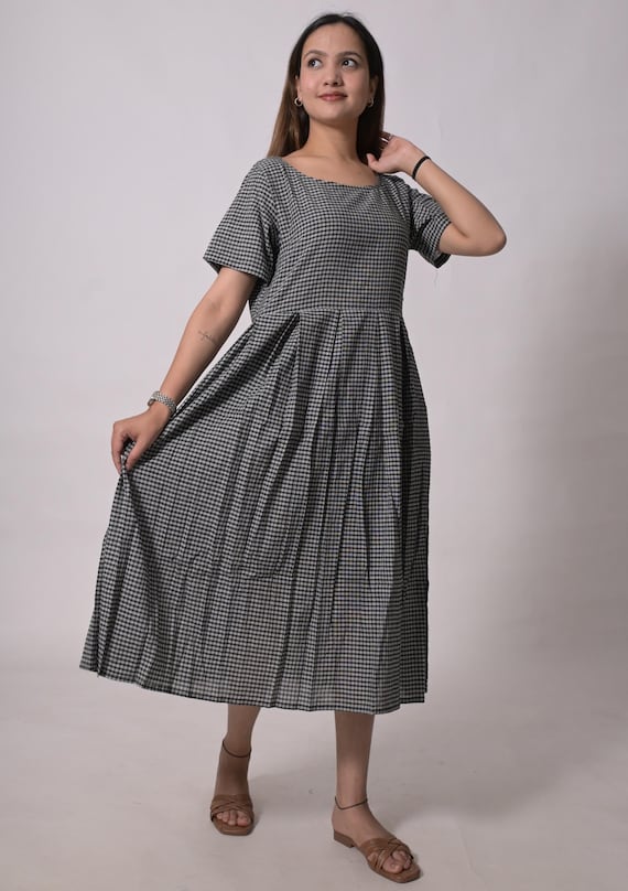 Black Gingham Cotton Midi Dress, Casual Plaid Tunic