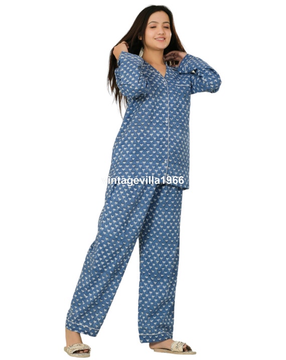 Blue Cotton Pj Set Cotton Pjs Bohemian Hippie Nightwear Nightgown Intimates Sleepwear Comfy Pajamas Etsy Canada