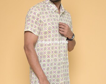 Cotton Block Print Men's Shirt: Colorful Pattern