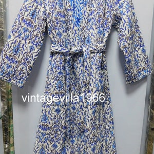 Blue Floral Cotton Quilted Kimono Robe: Warm Winter Coat