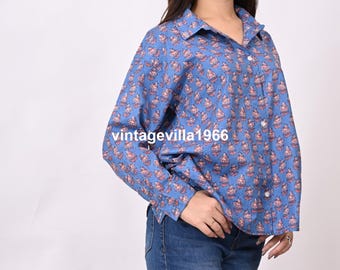 Handgemaakt katoenen overhemd met blokprint: oversized bloementop dames