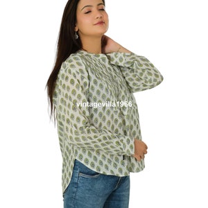 Green Cotton Blouse: Block Print Shirt, Boho Hippie Top