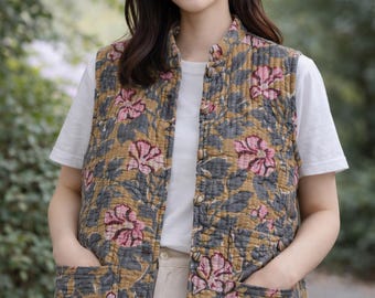 Women's Reversible Quilted Cotton Block Print Jacket: Handmade