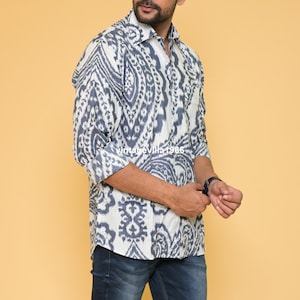 Blue ikat print shirt, handmade relaxed comfortable shirts, beach wear blue white shirts, hand block printed shirt, summer casual shirt