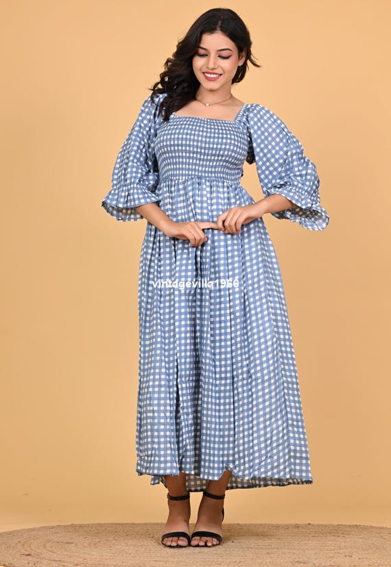 boho gingham dress Blue Gingham Smocked Boho Dress: 100% Cotton Long Tunic
