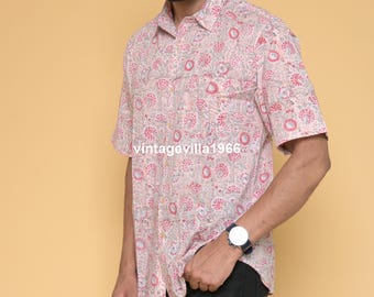 Hand Block Printed Peach Cotton Shirt: Men's Summer Wear