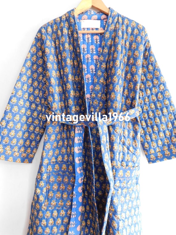 Blue bathrobe, cotton block print kimono, quilted… - image 2