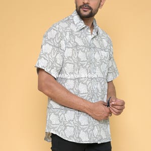 Floral Print Cotton Men&#39;s Shirt: Hand Block Design