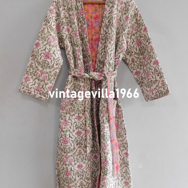 Pink Cotton Quilted bathrobe, women wear nightgown, handmade block printed quilted robes, Designer winter warm jackets