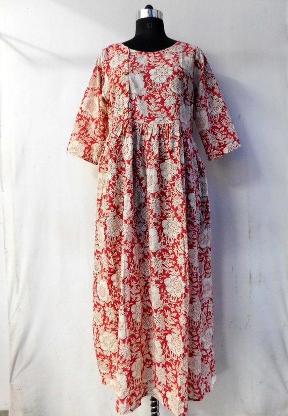 Red Long Dress Summer Top Cotton Kurtis Hand Block Printed | Etsy
