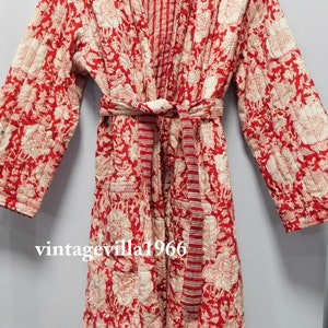 Red Floral Quilted Cotton Kimono Robe: Hand Block Printed Reversible Jacket