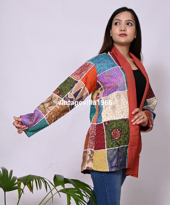 Silk Patchwork Quilted Jacket: One Size Saree Coat - image 1