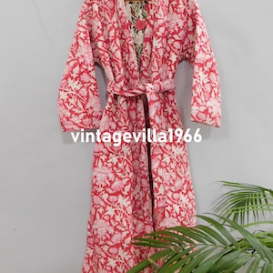 Hand Block Printed Cotton Quilted Kimono Robe: Floral Dressing Gown