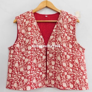 Red Quilted vest, block printed vest coat, jacket for women, cotton quilted jackets, floral printed vest , women wear vest, gift for her